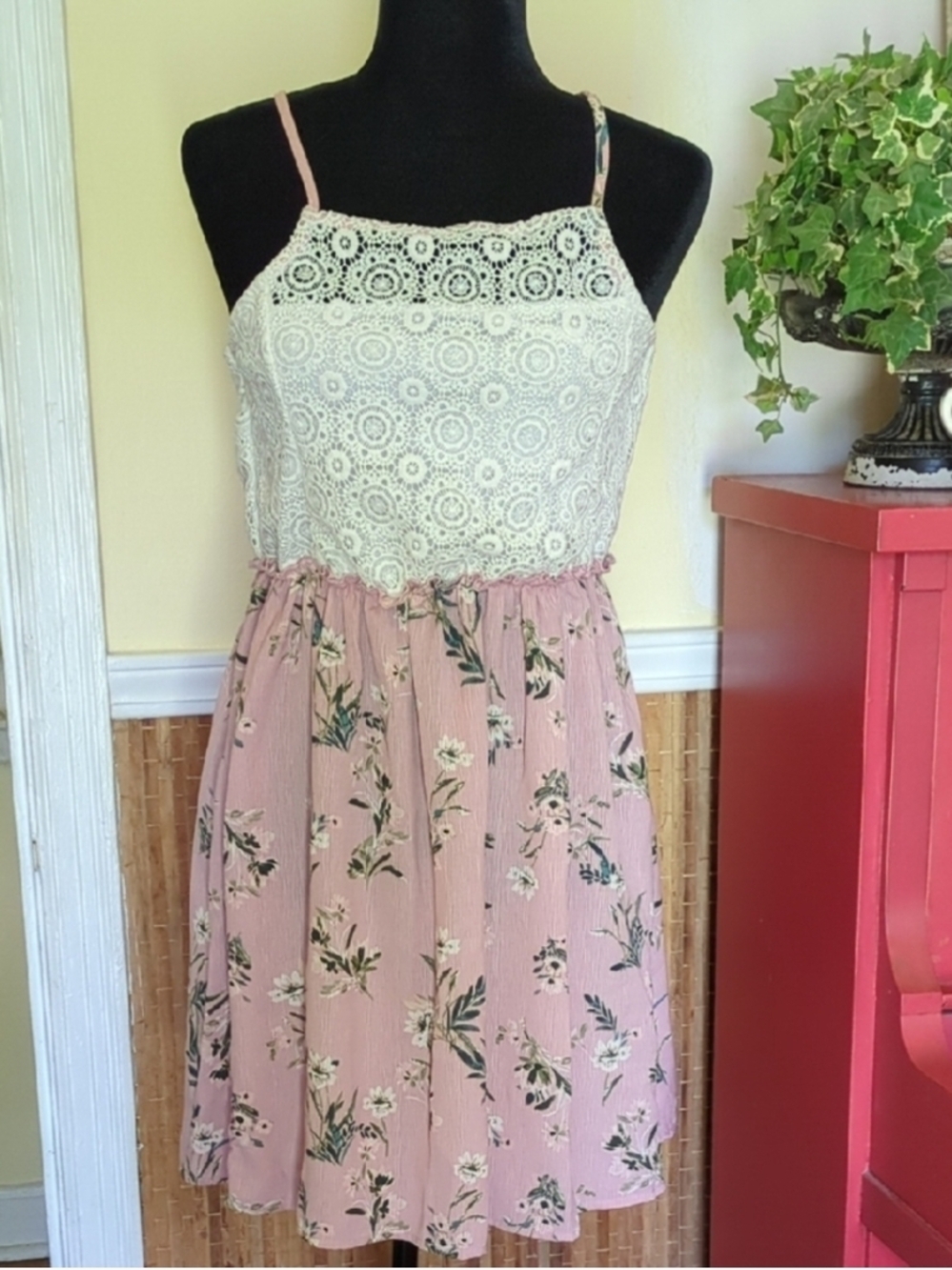 Girls Pink Floral Crocheted Top Sundress With Spaghetti Straps